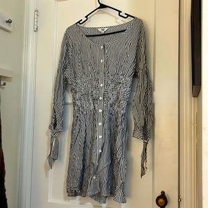 Lightweight, button-up mini dress. Large, white and blue stripes.